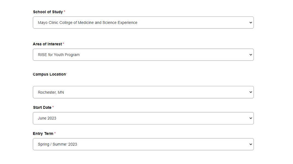 Screenshot image of part of the online Rise for Youth admissions application