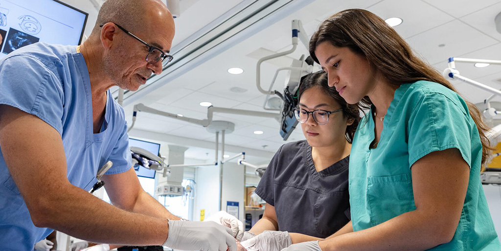 Three people from the Anesthesiology Residency program in Jacksonville, Florida, working in the lab and performing a procedure.