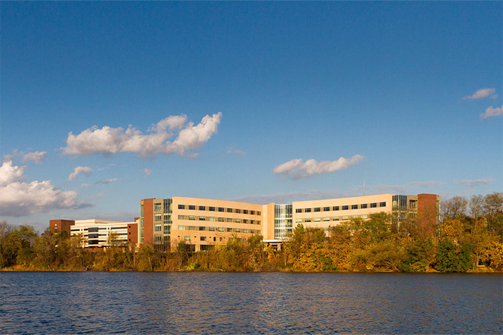 Skyline view of Mayo Clinic Health System in Eau Claire, Wisconsin, along the river.